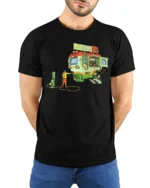 Futuristic Fast Food Mecha Mobile Diner Graphic Tshirt - model wearing black tee with hands behind back