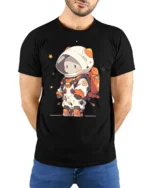 Cute Chibi Space Explorer Orange Accent Graphic Tshirt - model wearing black tee with hands behind back