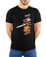 Epic Retro Handheld Console Sword Pierced Graphic Tshirt - model wearing black tee with hands behind back