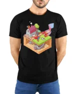 Isometric Superhero Farm Secret Spaceship Graphic Tshirt - model wearing black tee with hands behind back