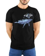 Whimsical Whale Save The Ocean Marine Pollution Graphic Tshirt - model wearing black tee with hands behind back