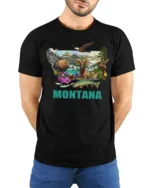 Montana State Map Wildlife Nature Adventure Graphic Tshirt - model wearing black tee with hands behind back