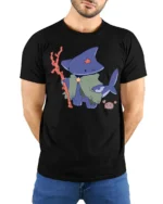 Funny Shark Sorcerer Deep Sea Magic Adventure Graphic Tshirt - model wearing black tee with hands behind back