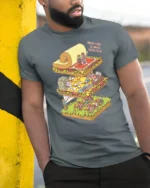 Surreal Isometric Office School Life Layers Graphic Tshirt - model wearing grey tee, leaning on column
