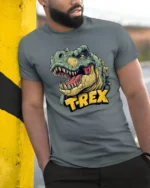 Cool Roaring Tyrannosaurus Rex Jurassic Legend Soft Tshirt - model wearing grey tee, leaning on column