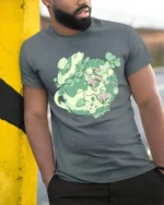 Aesthetic Teacup Terrarium Nature Explorer Graphic Soft Tee - model wearing grey tee, leaning on column