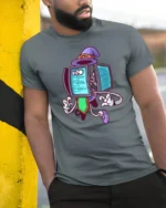 Coding Wizard Robot Purple Hat Programming Soft Tshirt - model wearing grey tee, leaning on column