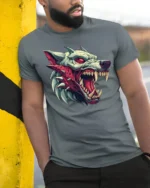 Savage Beast Wolf Snarling Red Eye Graphic Horror Tshirt - model wearing grey tee, leaning on column