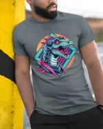 Cybernetic Mecha T Rex Dinosaur Retro Sci Fi Graphic Tee - model wearing grey tee, leaning on column
