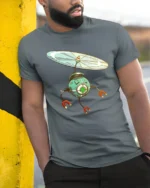 Hovering Magnetic Robot Eye Propeller Science Fiction Tshirt - model wearing grey tee, leaning on column