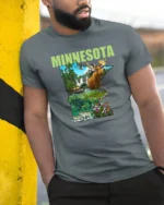 Discover Minnesota State Animal Collage Explorer Soft Tshirt - model wearing grey tee, leaning on column
