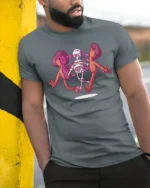 Rainbow Heart Skeleton Pulling Skin Apart Graphic Tshirt - model wearing grey tee, leaning on column