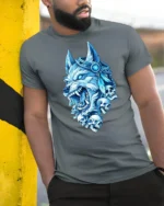 Blue Frost Wolf King With Skulls Midnight Graphic Tshirt - model wearing grey tee, leaning on column