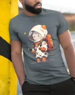 Cute Chibi Space Explorer Orange Accent Graphic Tshirt - model wearing grey tee, leaning on column