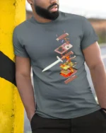 Epic Retro Handheld Console Sword Pierced Graphic Tshirt - model wearing grey tee, leaning on column