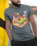 Isometric Superhero Farm Secret Spaceship Graphic Tshirt - model wearing grey tee, leaning on column