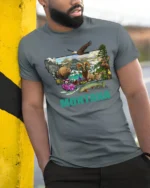 Montana State Map Wildlife Nature Adventure Graphic Tshirt - model wearing grey tee, leaning on column