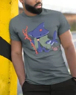Funny Shark Sorcerer Deep Sea Magic Adventure Graphic Tshirt - model wearing grey tee, leaning on column