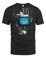 Ambient Cyberpunk Cats Retro TV Monitor Graphic Tshirt - black t-shirt on white background