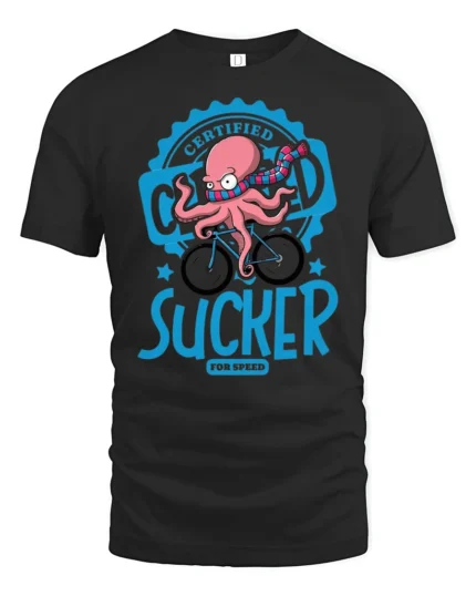 Funny Octopus Cyclist Certified Sucker Speed Graphic Tshirt - black t-shirt on white background