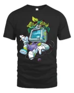 Retro Tech Nature Monitor Head Plant Person Graphic Tshirt - black t-shirt on white background