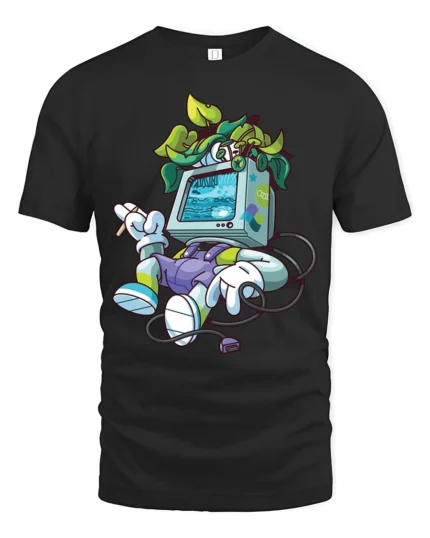 Retro Tech Nature Monitor Head Plant Person Graphic Tshirt - black t-shirt on white background