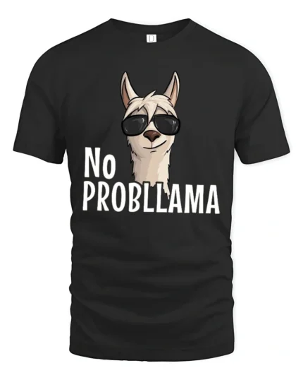Amusing No Probllama Funny Llama Pun Sunglasses Graphic Tee - black t-shirt on white background
