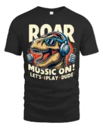 Roaring Music T Rex Dinosaur Retro Headphones Graphic Tshirt - black t-shirt on white background
