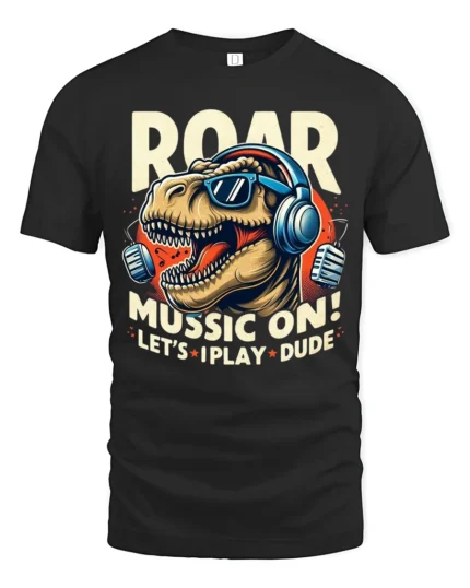 Roaring Music T Rex Dinosaur Retro Headphones Graphic Tshirt - black t-shirt on white background
