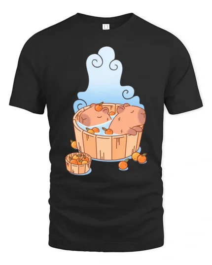 Chilling Capybara Hot Tub Citrus Zen Aesthetic Graphic Tee - black t-shirt on white background