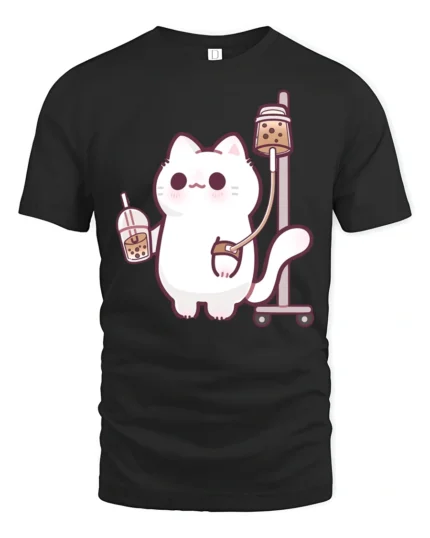 Kawaii Boba Addiction Cat Infusion Funny Graphic Tshirt - black t-shirt on white background