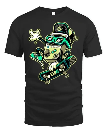 Retro Gaming Skater Rebel Console Cool Graphic Tshirt - black t-shirt on white background