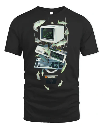 Retro Computer Tech Fish Surreal Graphic Tshirt - black t-shirt on white background