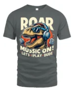 Roaring Music T Rex Dinosaur Retro Headphones Graphic Tshirt - gray t-shirt on white background