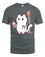 Kawaii Boba Addiction Cat Infusion Funny Graphic Tshirt - gray t-shirt on white background