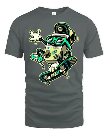 Retro Gaming Skater Rebel Console Cool Graphic Tshirt - gray t-shirt on white background