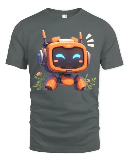 Friendly Orange Robot Monitor Face Botanical Graphic Tshirt - gray t-shirt on white background