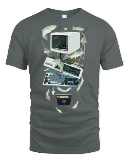 Retro Computer Tech Fish Surreal Graphic Tshirt - gray t-shirt on white background