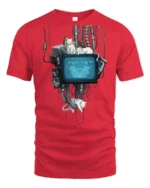 Ambient Cyberpunk Cats Retro TV Monitor Graphic Tshirt - red t-shirt on white background