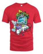 Retro Tech Nature Monitor Head Plant Person Graphic Tshirt - red t-shirt on white background
