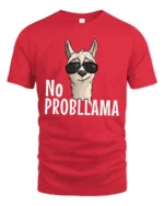 Amusing No Probllama Funny Llama Pun Sunglasses Graphic Tee - red t-shirt on white background