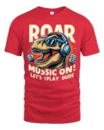 Roaring Music T Rex Dinosaur Retro Headphones Graphic Tshirt - red t-shirt on white background
