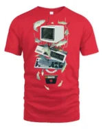 Retro Computer Tech Fish Surreal Graphic Tshirt - red t-shirt on white background
