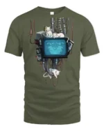 Ambient Cyberpunk Cats Retro TV Monitor Graphic Tshirt - military green t-shirt on white background
