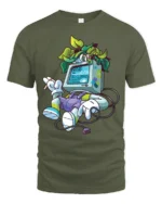 Retro Tech Nature Monitor Head Plant Person Graphic Tshirt - military green t-shirt on white background