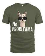 Amusing No Probllama Funny Llama Pun Sunglasses Graphic Tee - military green t-shirt on white background