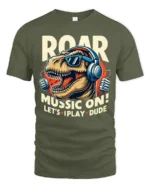 Roaring Music T Rex Dinosaur Retro Headphones Graphic Tshirt - military green t-shirt on white background