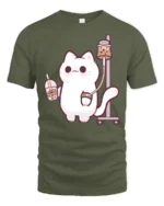 Kawaii Boba Addiction Cat Infusion Funny Graphic Tshirt - military green t-shirt on white background
