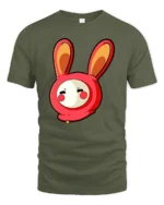 Playful Kawaii Rabbit Costume Character Red Graphic Tshirt - military green t-shirt on white background