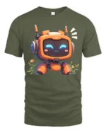 Friendly Orange Robot Monitor Face Botanical Graphic Tshirt - military green t-shirt on white background